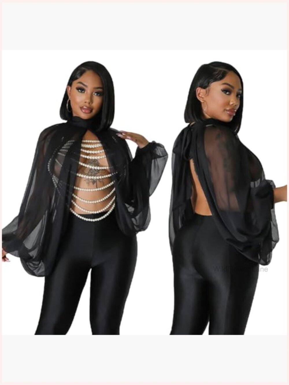 Sexy Sheer Chiffon Lantern Sleeve Blouse Front Back Open Self Tie Top - Picture 2 of 7